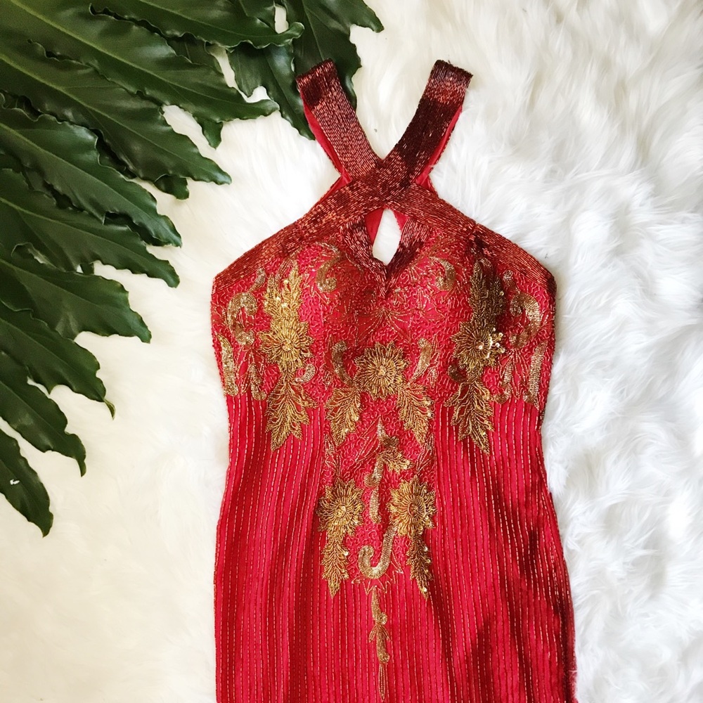 Red Prom Evening Gown Gold Sequin Detail